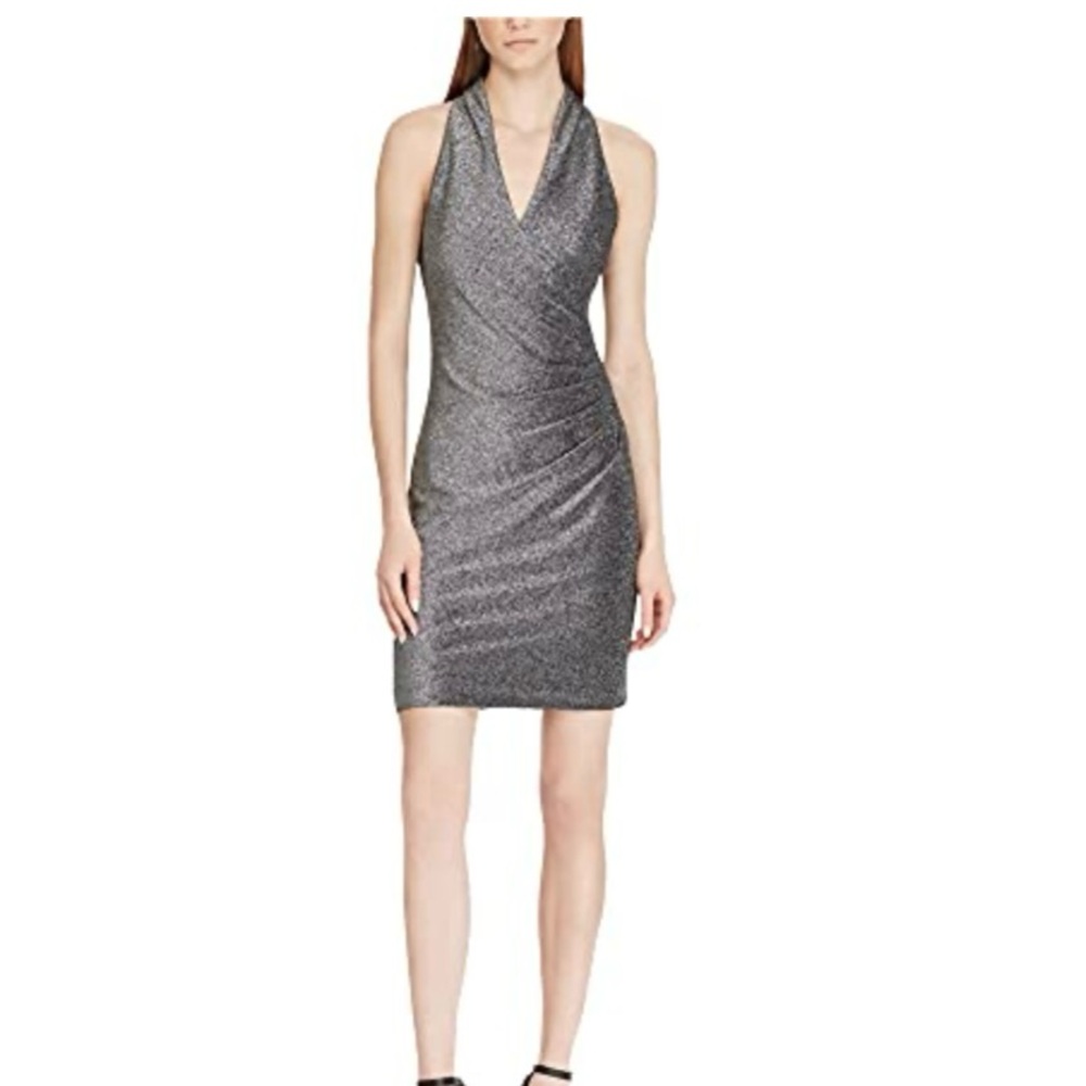 M Grey Party Cocktail Dress Drapery Backless Stretchy Mini Ties to tie on neck
